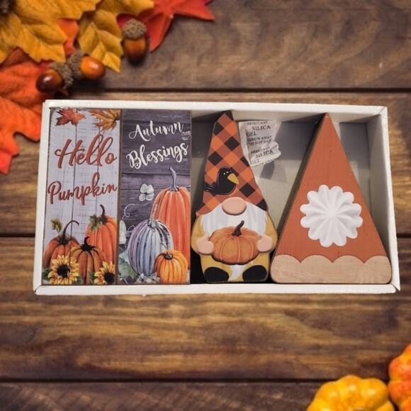 Wooden Fall Holiday Harvest Decor Gnome Pumpkin Pie NEW Set of 4 - Picture 1 of 1